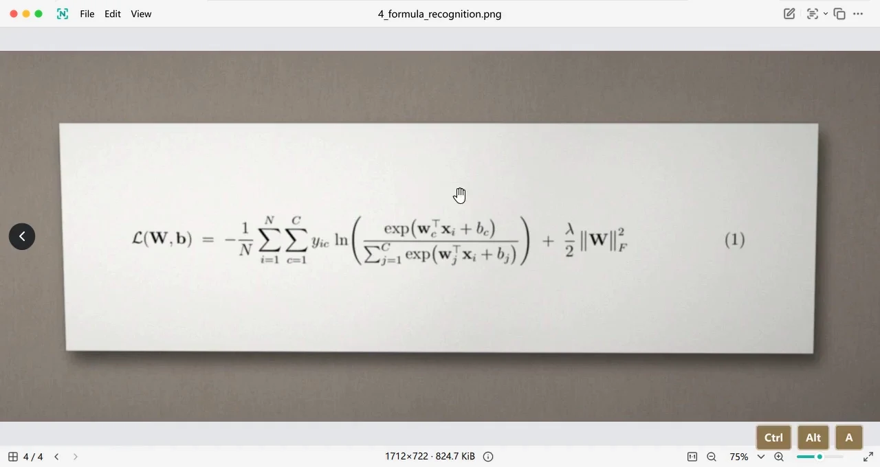Formula recognition recording: select a formula and view its source image and editable LaTeX result