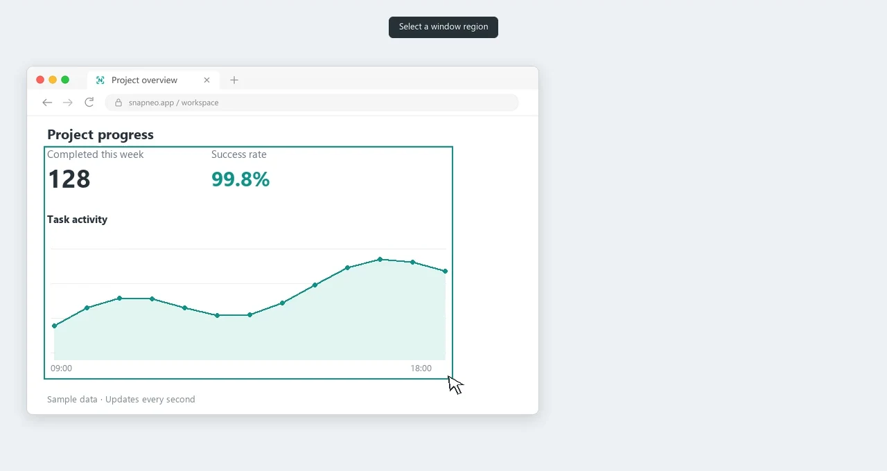Live pin demo: pin a dashboard region, keep updating while notes cover the source, then pause, resume, and freeze as an image